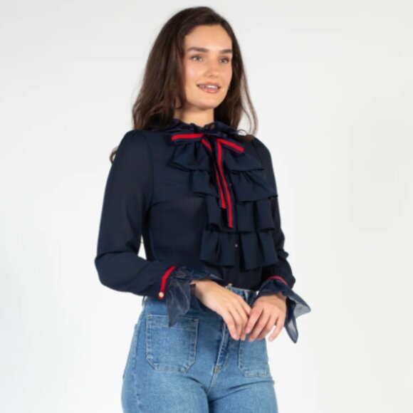 RUFFLE COLLAR & CUFFS FRONT TIE BUTTON DOWN SHEER LONG SLEEVE BLOUSE - Picture 2 of 11